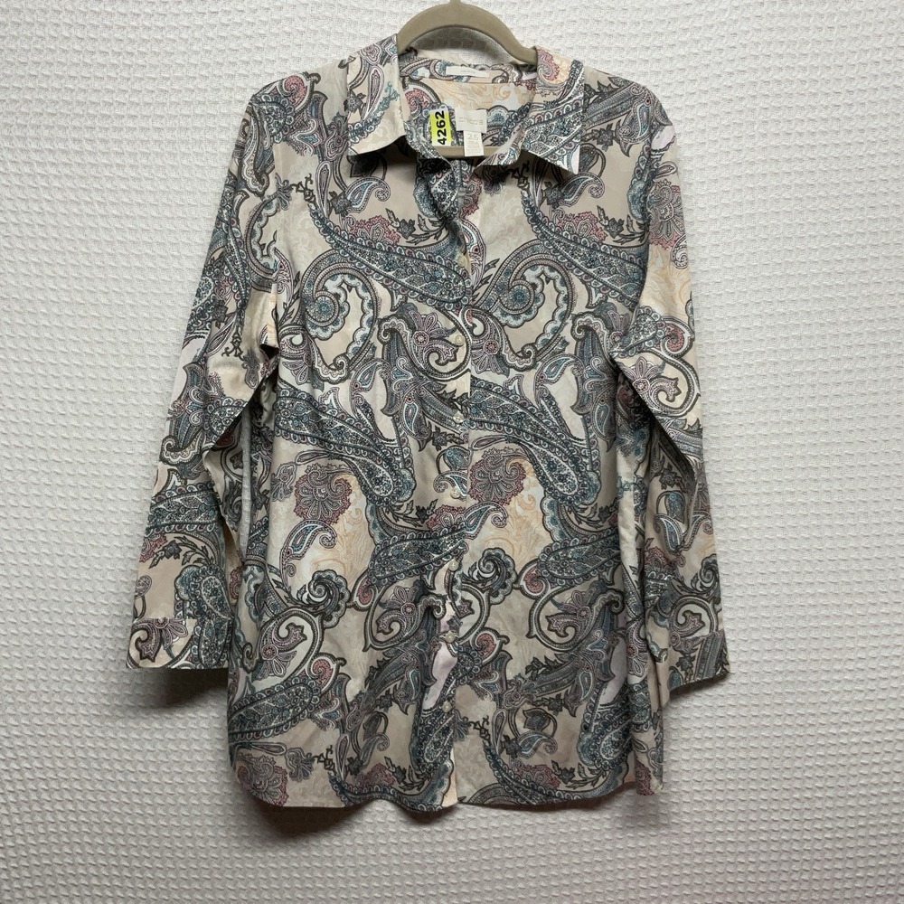 NEW Chico's No-Iron Shirt Women Sz 2,5 Large Cream Blue Paisley Button Up Cotton